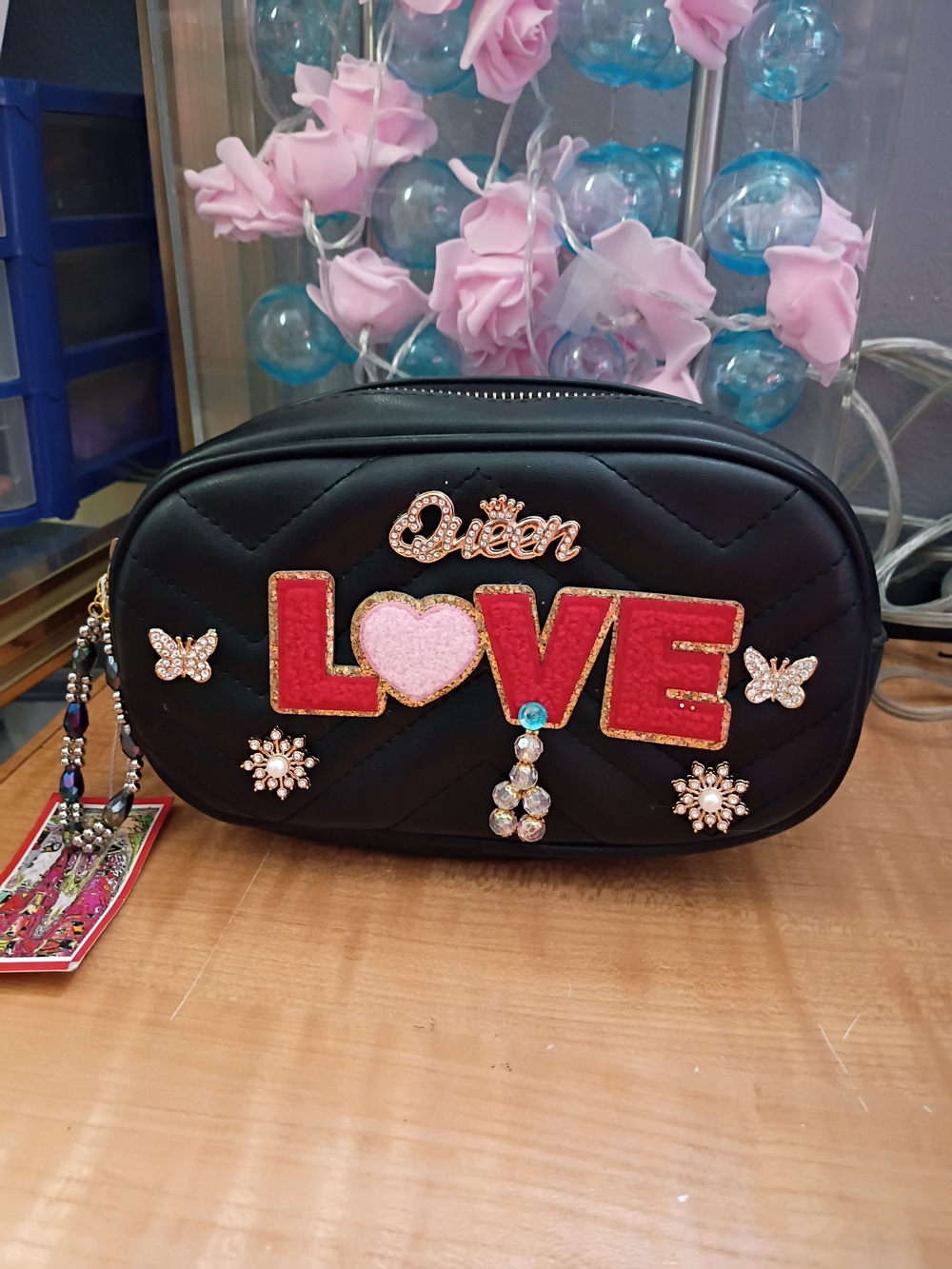 & Other Stories Black 'Queen LOVE' Embellished Cosmetic Pouch